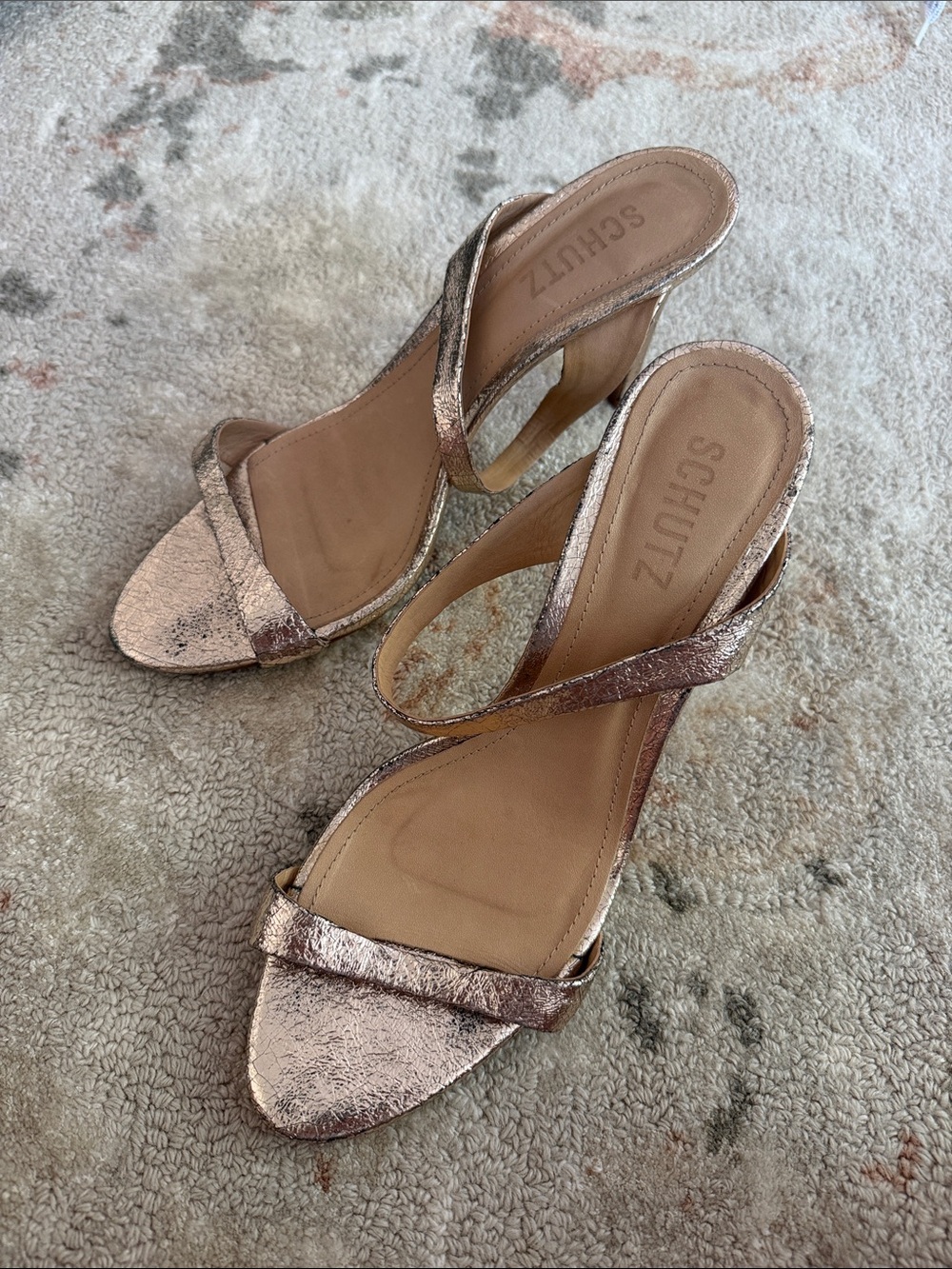 Schutz Crackle Gold Metallic Strappy Heeled Sandals